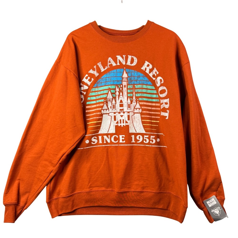 Disney Mens Disneyland Resort Graphic Sweatshirt Fleece Burnt Orange Large NEW